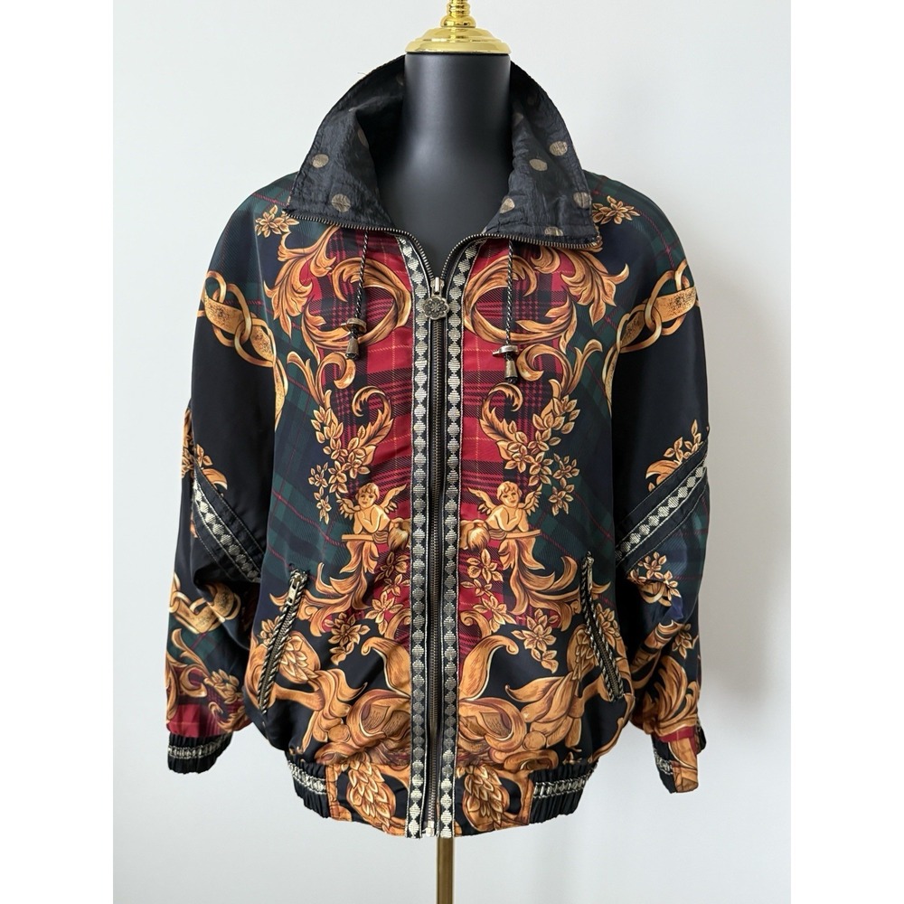 Vintage Taxi Bomber Jacket Women's M Baroque Style Cherubs Plaid Filigree NWOT